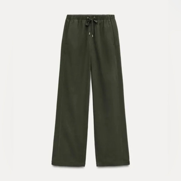 ZARA TEXTURED WIDE LEG PANTS DARK KHAKI GREEN - Picture 1 of 6